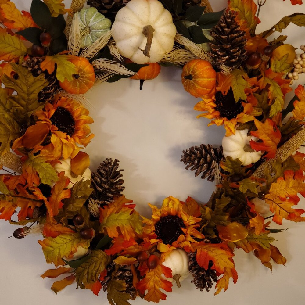 18” White Pumpkin & Pine Cone Fall Wreath - Rustic Farmhouse Decor